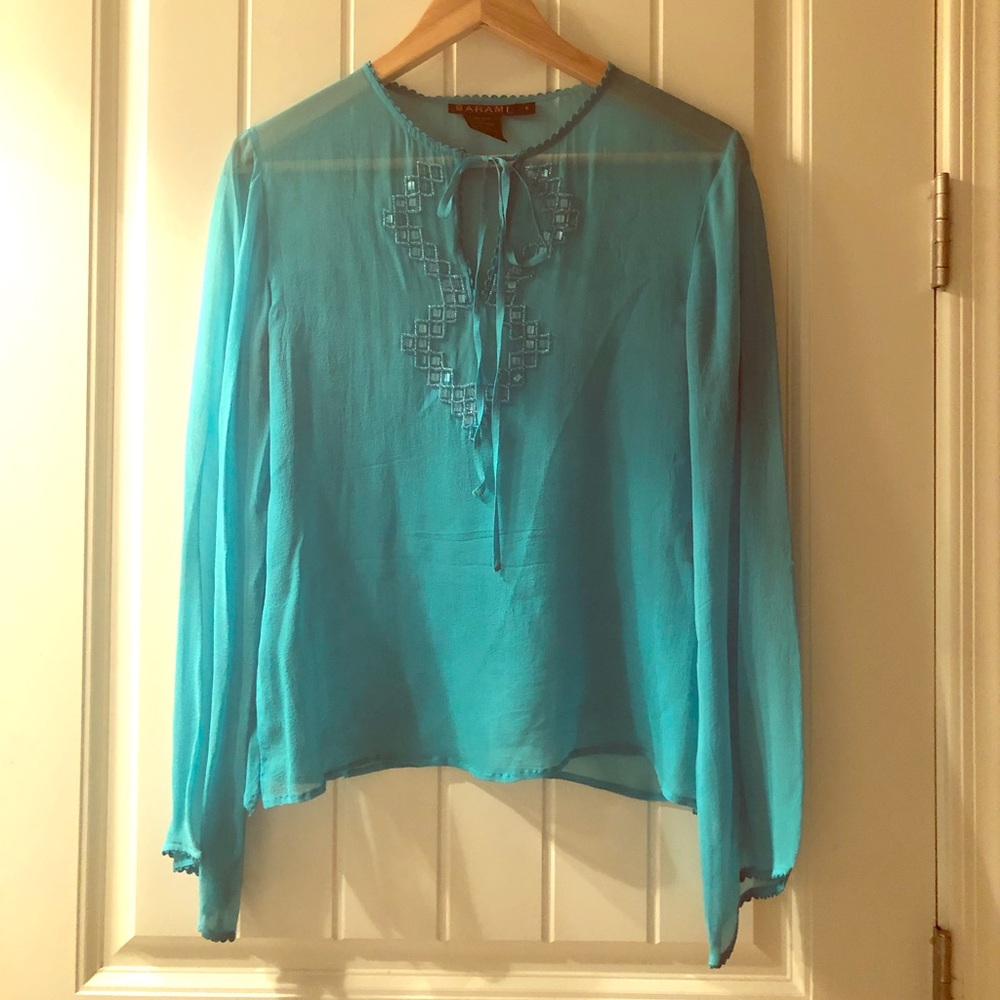 Barami 100% silk turquoise sheer long sleeve